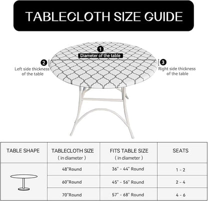 Romanstile Round Fitted Vinyl Tablecloth with Elastic Edge 100% Waterproof | Table Covers for 45"- 56" Tables, Wipeable Flannel Backed Plastic Table Cloths for Dinner Picnic Camping, WhiteMoroccan