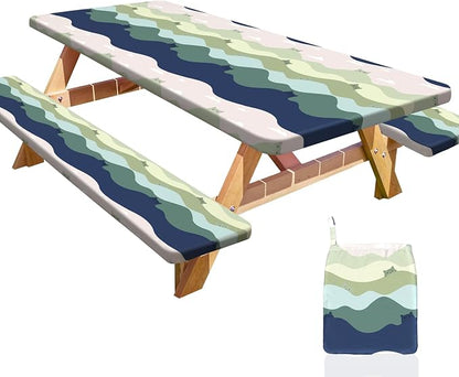 Picnic Table and Bench Cover Set, Waterproof Fitted Elastic Cloth | Portable Camping Essentials With Built-In Storage Pocket And Waterproof Fabric For Outdoor RV Or Picnic Table Use