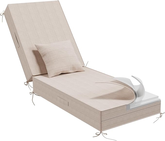 Outdoor Water-Resistant Olefin Chaise Lounge Cushions with Pillow, Weather and Fade Resistant Patio Furniture Lounge Chair Cushion Ideal for Patio, Lawn, Garden, Light Beige, 72"L x 21"W x 5"T