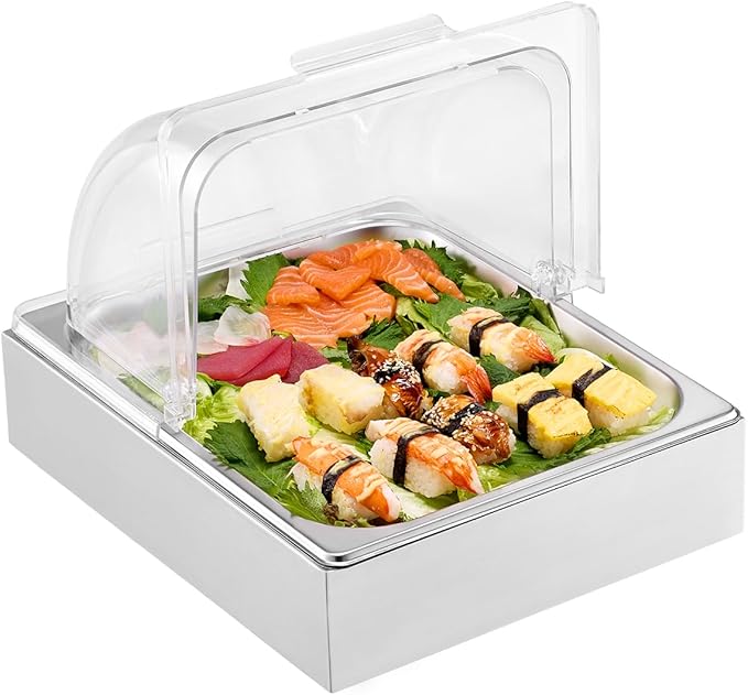 VEVOR Countertop Food Serving Display Container, 1 x 1/2 Pan Stainless Steel Food Serving Tray, Buffet Condiment Dispenser Display Rack with Clear Lid & Ice Tray, for Restaurant Hotel Kitchen Party