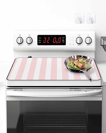 Stove Top Covers for Electric Stove 28.5x20.5 Inches,Pink Stripes HeatResistant Glass Cooktop Protector,Modern Farmhouse Pink White Vertical Striped Ceramic Stovetop Countertop Covers Mat,Oven Cover