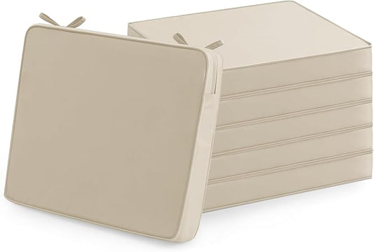 Outdoor Chair Cushions Set of 6: Waterproof & Fade Resistant Deep Seat Cushion for Patio Furniture - 24 x 24 x 3 Inch Chair Pads with Ties and Hidden Zipper - Patio Chair Cushion Replacement, Beige