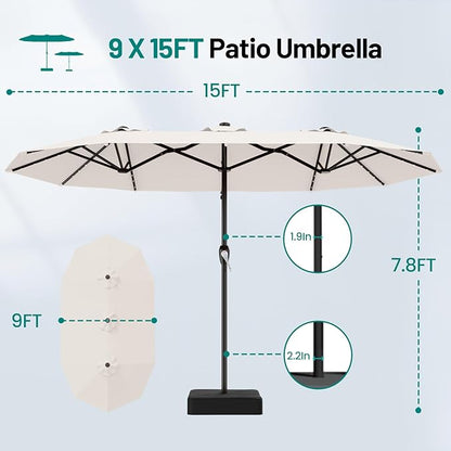 AreShark 15FT Patio Umbrella with Solar Lights, Double Sided Outdoor Table Umbrellas with Crank, Large Rectangular Market Umbrella for Porch, Lawn, Pool, Backyard, Cream-White