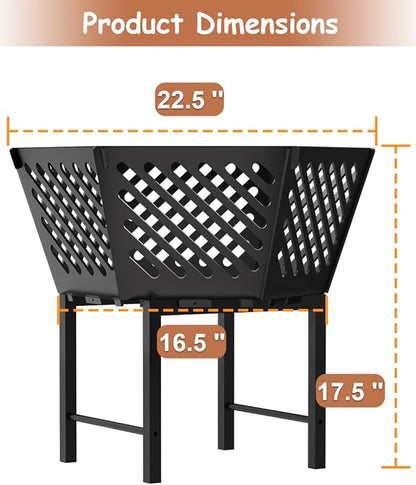 22.5 Inch Portable Hexagon Fire Pit with Travel Bag — Heightened Smokeless Design Outdoor Wood Burning Fire Pit for Camping, Backyard, Patio, Bonfire, Picnic and BBQ, Diagonal Hollow Style