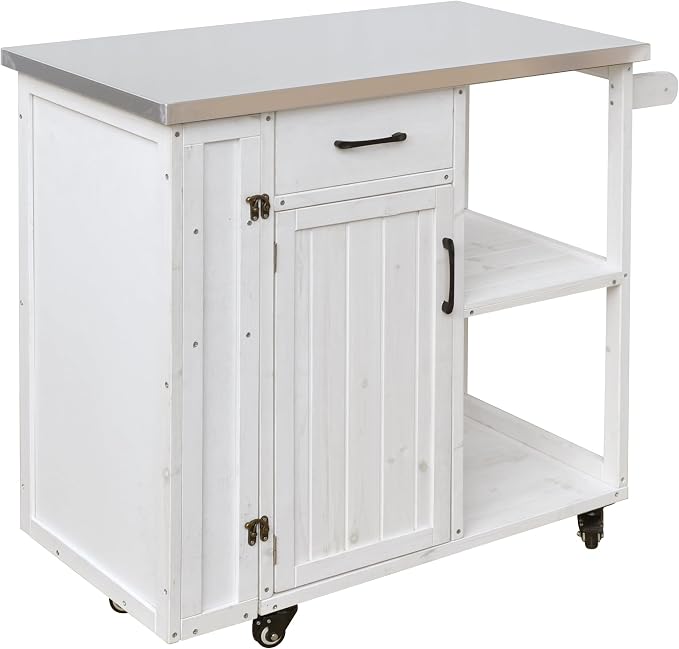 JIVOIT Outdoor Kitchen Island with Stainless Steel Worktop, Fir Wood Prep Station Lockable Kitchen Cart with Ample Storage Space, Towel and Spice Racks for Patio and Outdoor (White/122)