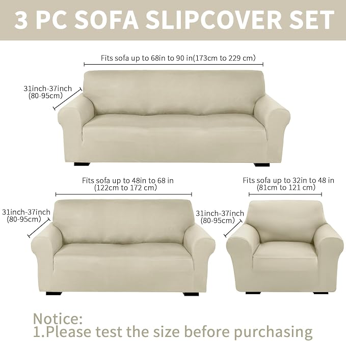 Peryiter 3 Pcs Couch and Loveseat Sofa Covers,Beige,Milk Silk | Armchair Covers for Living Room, Sofa Cushion Slipcover, Furniture Protector, Polyester and Spandex, Washable