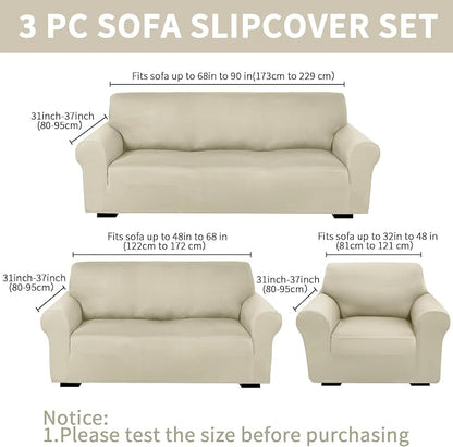 Peryiter 3 Pcs Couch and Loveseat Sofa Covers,Beige,Milk Silk | Armchair Covers for Living Room, Sofa Cushion Slipcover, Furniture Protector, Polyester and Spandex, Washable