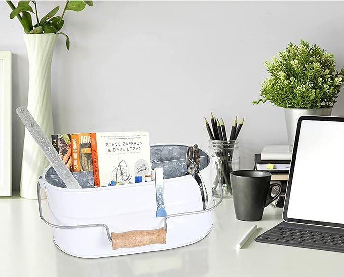 Alpha Living Home 4-Compartment Flatware Caddy - Metal Cutlery Holder Silverware & Condiment Organizer - Perfect for Kitchen, Dining, and Picnics (White)