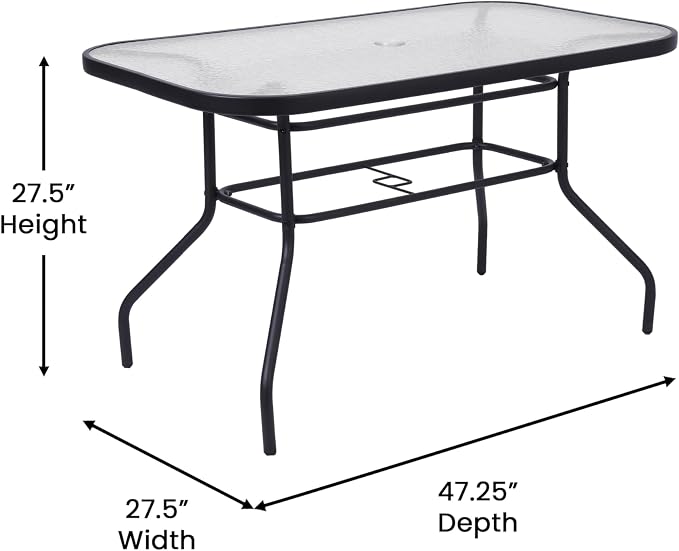 Flash Furniture Commercial 27.5x47.25 in Steel Patio Table, Black | Tempered Glass Top with Umbrella Hole