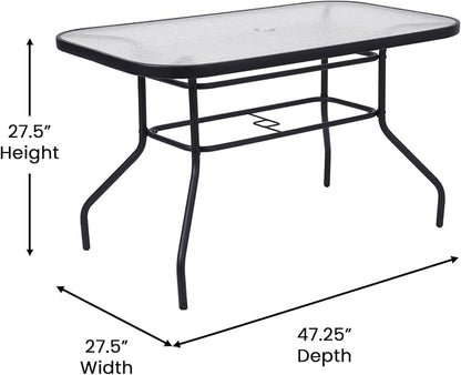Flash Furniture Commercial 27.5x47.25 in Steel Patio Table, Black | Tempered Glass Top with Umbrella Hole