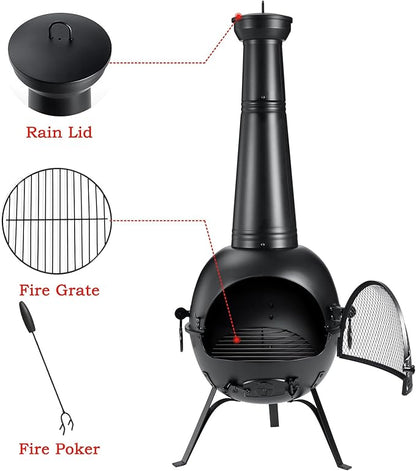 SINGLYFIRE Prairie Fire Outdoor Chiminea Fireplace Deck or Patio Backyard Wooden Fire Pit with Chiminea Cover Rust-Free Iron Black
