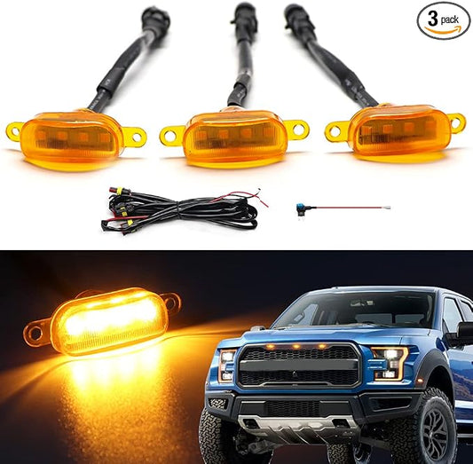 3PCS Amber LED Front Grille Lights for 2004-2019 Ford F150 Raptor Style Aftermarket Grill, with Harness and Fuse Accessories