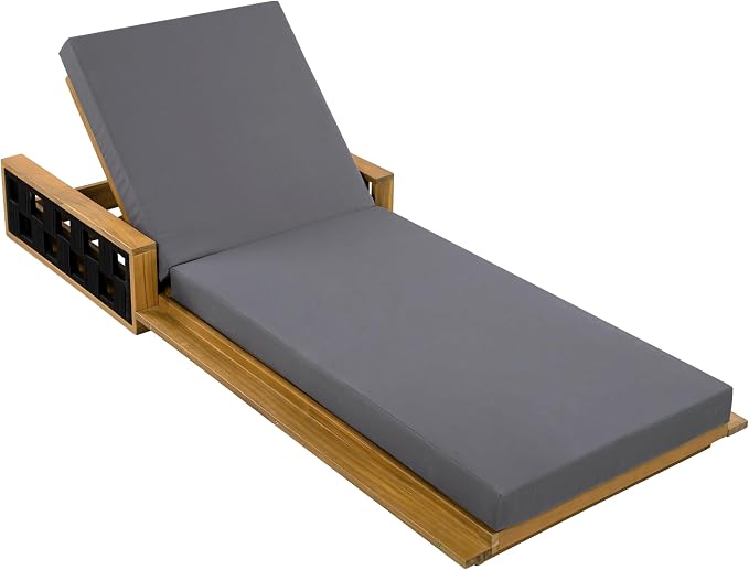 Merax Outdoor Chaise Lounge with 4-Position Adjustable Backrest, Acacia Wood Sunbathing Recliner Chair & 4" Thick Double-fold Cushion for Poolside, Garden, Backyard, Patio, Dark Gray