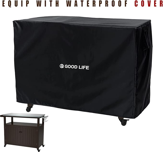 GDLF Outdoor Storage Cabinet Solid Wood Prep Grill Table with Stainless Steel Top Waterproof Cover Dark Brown