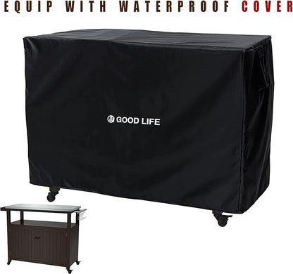 GDLF Outdoor Storage Cabinet Solid Wood Prep Grill Table with Stainless Steel Top Waterproof Cover Dark Brown