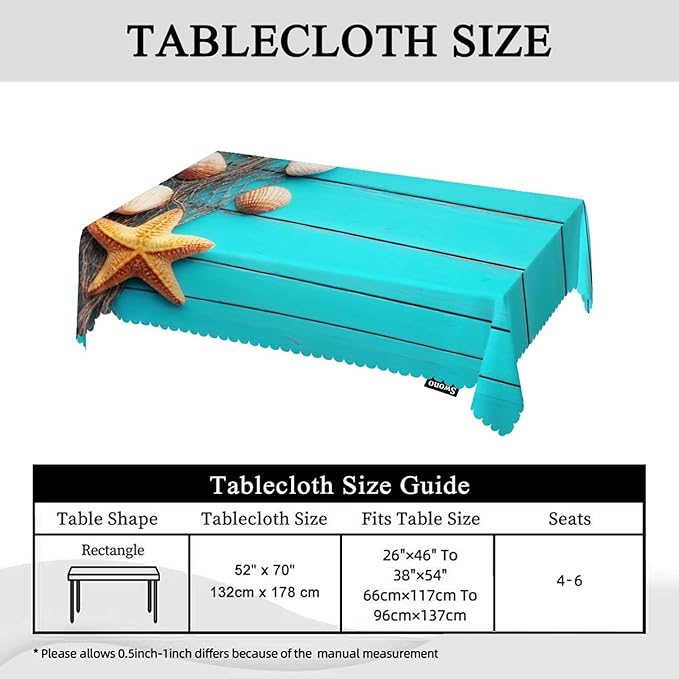 Swono Beach Table Cloth Tropical Fish Net Seashells Starfish Blue Wood Rectangle Tablecloth Picnic Table Cover BBQ Table Cloths Polyester for Kitchen Camping BBQ 50x72 Inch