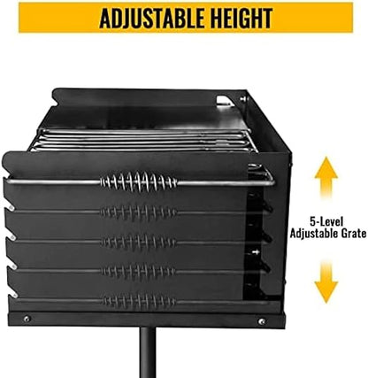 Park-Style Charcoal Grill, Heavy Duty Steel Outdoor BBQ Grill with Grate and Plate, Single Post Carbon Steel Park Grill for BBQ, Camping, Backyard,25x17 Inch with Plate