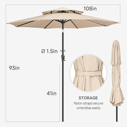 FLAME&SHADE 9ft Patio Umbrella - 2 Tiers Outdoor Umbrella with Push Button Tilt and Crank for UV Protection, Table Market Umbrella for Garden, Deck, Backyard, Pool and Beach(Beige)