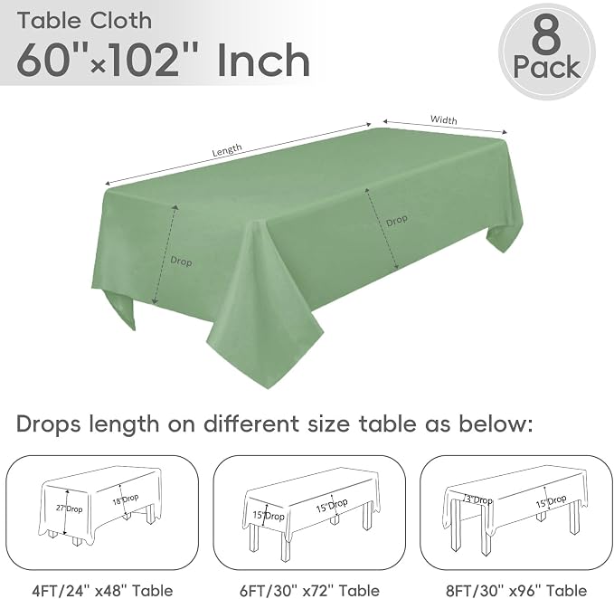 8 Pack Sage Green Tablecloth 60 x 102 Inch Rectangle For 6 Foot Tables | Wrinkle Resistant, Washable Polyester Fabric, Rectangular Table Cloth for Wedding Party Banquet Buffet and Camping