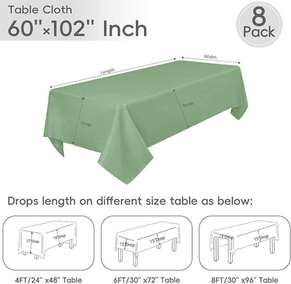 8 Pack Sage Green Tablecloth 60 x 102 Inch Rectangle For 6 Foot Tables | Wrinkle Resistant, Washable Polyester Fabric, Rectangular Table Cloth for Wedding Party Banquet Buffet and Camping