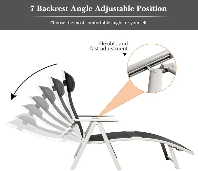 Tangkula Outdoor Folding Chaise Lounge Chair, Lightweight Recliner Chair w/ 7 Adjustable Backrest Positions, Patio Reclining Beach w/Removable Cushion & Pillow for Patio Poolside No Assembly Required