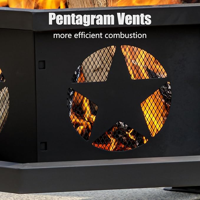 Panovue 35 inch Fire Pit for Outside, Heavy Duty Wood Burning Fire Pits with Fire Poker, Outdoor Octagonal Firepit for Camping, Yard, Patio
