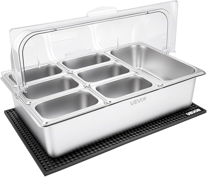 VEVOR Countertop Food Serving Display Container, Stainless Steel Food Salad Server Tray, Buffet Condiment Dispenser, Ice Cooled Rack with Clear Roll Top Cover, for Restaurant Hotel (1x1/3+6x1/9 Pan)
