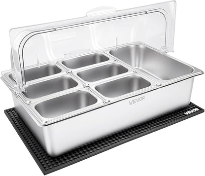 VEVOR Countertop Food Serving Display Container, Stainless Steel Food Salad Server Tray, Buffet Condiment Dispenser, Ice Cooled Rack with Clear Roll Top Cover, for Restaurant Hotel (1x1/3+6x1/9 Pan)