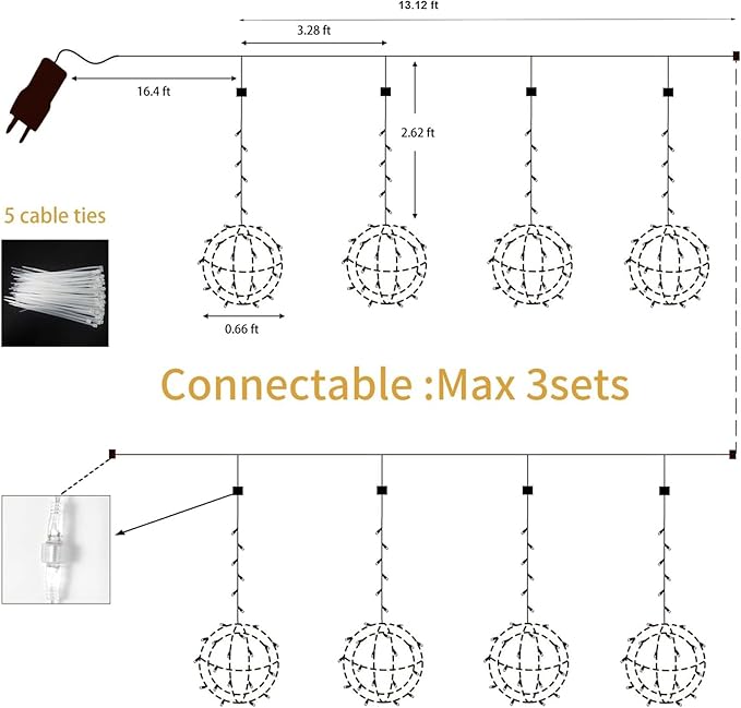 Outdoor Christmas Balls Lights Tree Lights Waterproof, 4 Pack 7.87" LED Hanging Globe Sphere Lights with 8 Lighting Modes Memory Timer Plug for Party Wedding Xmas Porch Patio Garden Yard Decorations