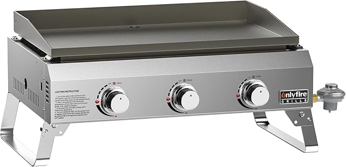 ONLYFIRE GRILLS Tabletop Gas Griddle 3 Burners, Propane Gas Stove, GS311 | Portable Flat Top Griddle for 1lb/20lb Propane, Outdoor Cooking Patio BBQ Camping Tailgating RV, Stainless Steel 24000BTU