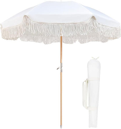Lefedrasticity Boho Outdoor Umbrella with Tassels,6ft Table Umbrella Outdoor Patio with Knobs Tilt,Wind Resistant Portable Beach Umbrella UPF50+ Fringe Umbrellas For Pool Backyard Deck Garden