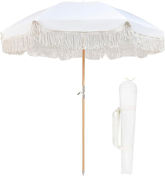 Lefedrasticity Boho Outdoor Umbrella with Tassels,6ft Table Umbrella Outdoor Patio with Knobs Tilt,Wind Resistant Portable Beach Umbrella UPF50+ Fringe Umbrellas For Pool Backyard Deck Garden