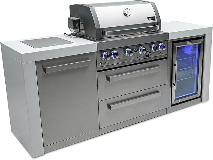 Mont Alpi 82"W x 23"D x 46"H Deluxe Stainless Steel Modular Outdoor Kitchen Island with Refrigerator + 32"W 4-Burner BBQ Gas Grill + Side Burner + Granite Countertops + Storage Cabinets and Drawers