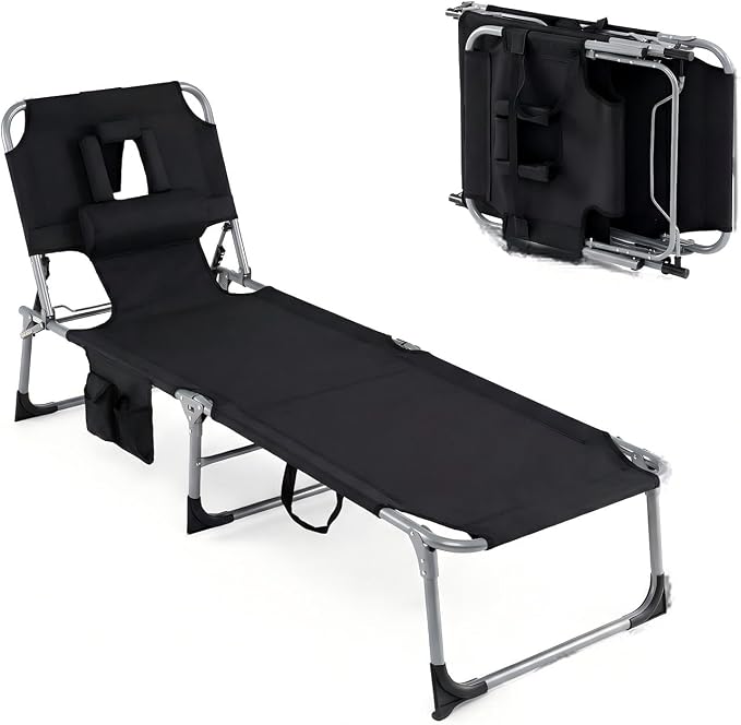 GYMAX Tanning Chair, Folding Lounger with Face/Arm Holes, Carry Handles & Side Pocket, Portable Lightweight Layout Beach Chair for Outdoor/Indoor, Face Down Sun Lounger (1, Black)