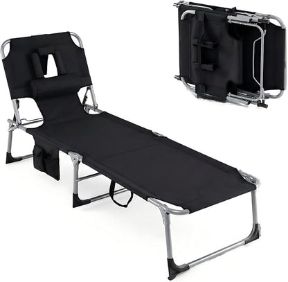GYMAX Tanning Chair, Folding Lounger with Face/Arm Holes, Carry Handles & Side Pocket, Portable Lightweight Layout Beach Chair for Outdoor/Indoor, Face Down Sun Lounger (1, Black)