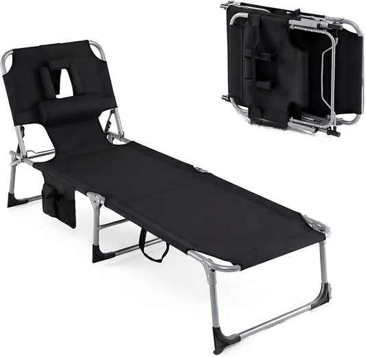 GYMAX Tanning Chair, Folding Lounger with Face/Arm Holes, Carry Handles & Side Pocket, Portable Lightweight Layout Beach Chair for Outdoor/Indoor, Face Down Sun Lounger (1, Black)