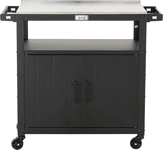 Feasto Outdoor Grill Cart with Stainless Steel Tabletop and Storage Cabinet, Movable Kitchen Island with Wheels for BBQ Food Prep, Black