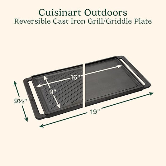 Cuisinart Reversible Cast Iron Grill/Griddle Plate, 15.75” x 9” Pre-Seasoned Cooking Surface with Flat and Ribbed Sides, Stovetop Griddle for Electric Ranges, Use on Stove, Campfire, or Gas Grill