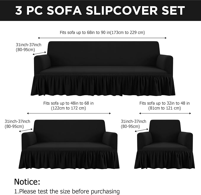 Fanfanwin 3 Pcs Sofa Slipcover Set for Couch Cushion Durable Washable High Elastic Stretchable Furniture Couch Covers with Skirt for Sofa Loveseat Arm Chair(Black,Milk Silk)