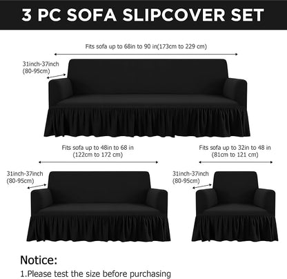 Fanfanwin 3 Pcs Sofa Slipcover Set for Couch Cushion Durable Washable High Elastic Stretchable Furniture Couch Covers with Skirt for Sofa Loveseat Arm Chair(Black,Milk Silk)