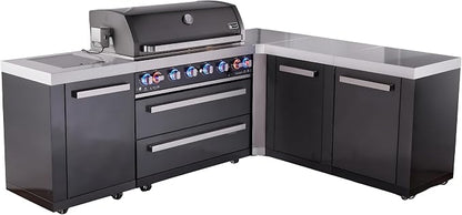 Mont Alpi 94"W x 75"D Black Stainless Steel L-shaped Modular Outdoor Kitchen Island + Rotisserie & Side Burners + 44"W 6-Burner BBQ Gas Grill + White Granite Countertops + Storage Cabinets & Drawers
