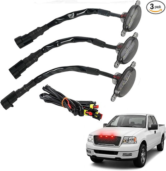 Red LED Grille Light Kit, LED Bumper Hood Lights, Compatible with Ford F-150 Raptor Style Grille 2004-2019 (Aftermarket), 3PCS (Smoked Cover/Red LED Lights)