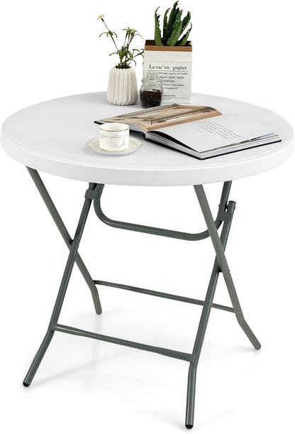 Goplus 32'' Round Folding Table, Foldable Plastic Card Table, Portable Commercial Banquet Table, White Outdoor Utility Folding Tables for Picnic, Party, Dining, Camping, Beach, BBQ, No Assembly