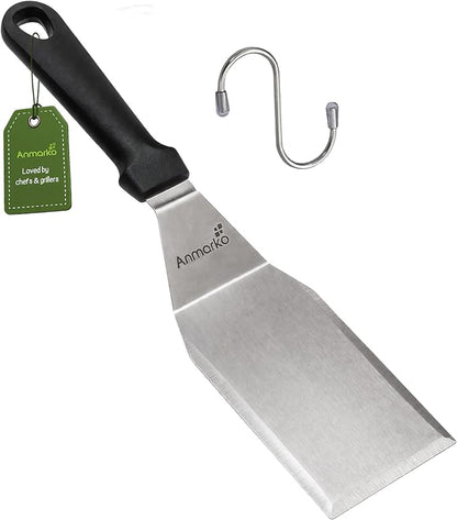 Anmarko Stainless Steel Metal Spatula, Hamburger Turner with Black Handle and S-Hook