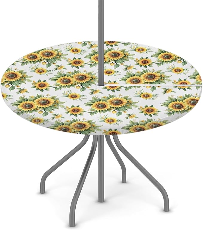 Sunflowers Outdoor Fitted Round Tablecloth with Umbrella Hole, 45"-56" Elastic Patio Table Cloth with Zipper Oil-Proof Waterproof Patio Table Cover for Picnic Party Spring Decoration