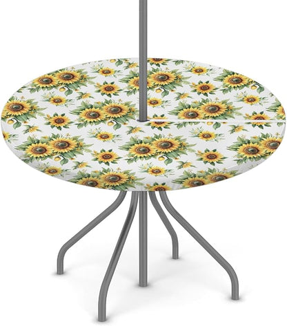 Sunflowers Outdoor Fitted Round Tablecloth with Umbrella Hole, 45"-56" Elastic Patio Table Cloth with Zipper Oil-Proof Waterproof Patio Table Cover for Picnic Party Spring Decoration