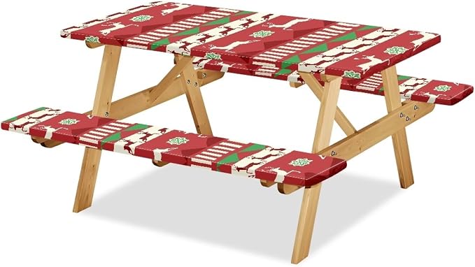 Xmas Table Cloth with Bench Covers 3 PCS for Outdoor Christmas Reindeers Camping Accessories Fitted Outdoor Tablecloth
