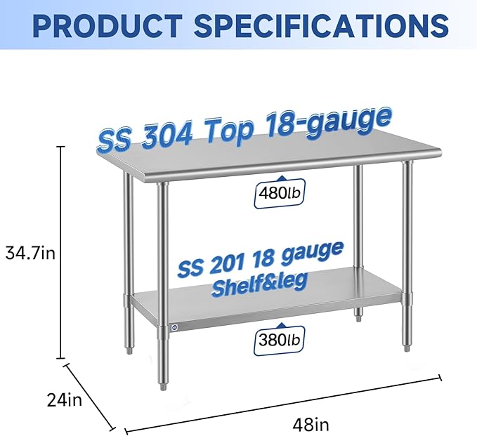 ROCKPOINT SS304 Top All Stainless Steel Table for Prep & Work 24x48 Inches, NSF Commercial Kitchen Heavy Duty Table with Adjustable Undershelf for Restaurant,Kitchen, Home and Hotel