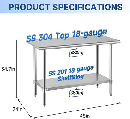 ROCKPOINT SS304 Top All Stainless Steel Table for Prep & Work 24x48 Inches, NSF Commercial Kitchen Heavy Duty Table with Adjustable Undershelf for Restaurant,Kitchen, Home and Hotel