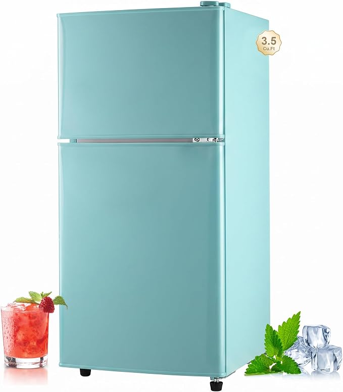 Retro Fridge with Freezer, 3.5 Cu. Ft. Mini Fridge Aqua Blue | Small Refrigerator with 7-Level Adjustable Thermostat, Retro Compact Refrigerator 2-Door Fridges for Apartment/Dorm/Office/RV